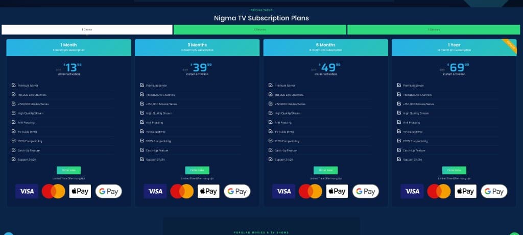 أسعار Nigma TV على nigma.tv: باقات جهاز واحد من 13.99 دولارًا شهريًا إلى 79.99 دولارًا سنويًا، وجهازان من 39.99 إلى 150.99 دولارًا، و3 أجهزة من 49.99 إلى 199.99 دولارًا — لقطة بتاريخ 19 أغسطس 2026