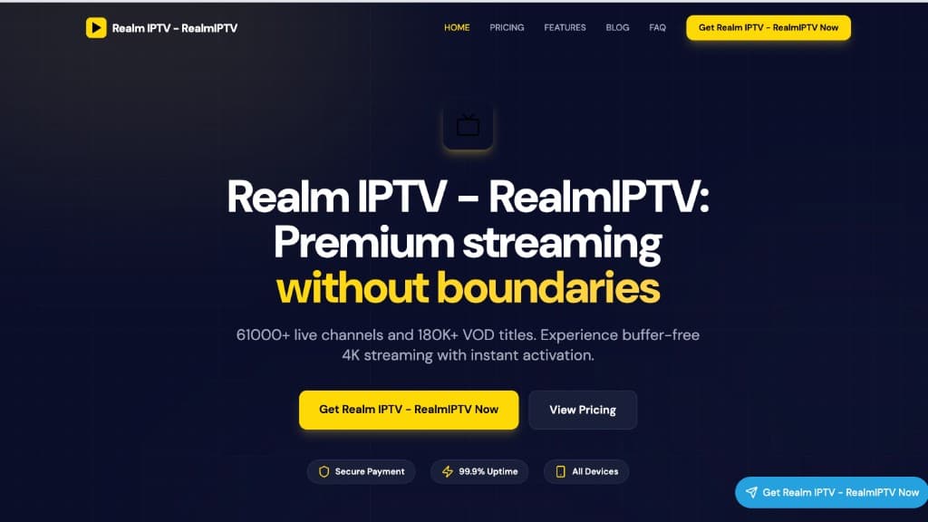 Realm IPTV pricing plans on realm-iptv.com: Starter $13.99 for 1 month, Standard $29.99 for 3 months, Value $56.99 for 6 months, Premium $74.99 for 12 months, all single-device — captured August 20, 2026