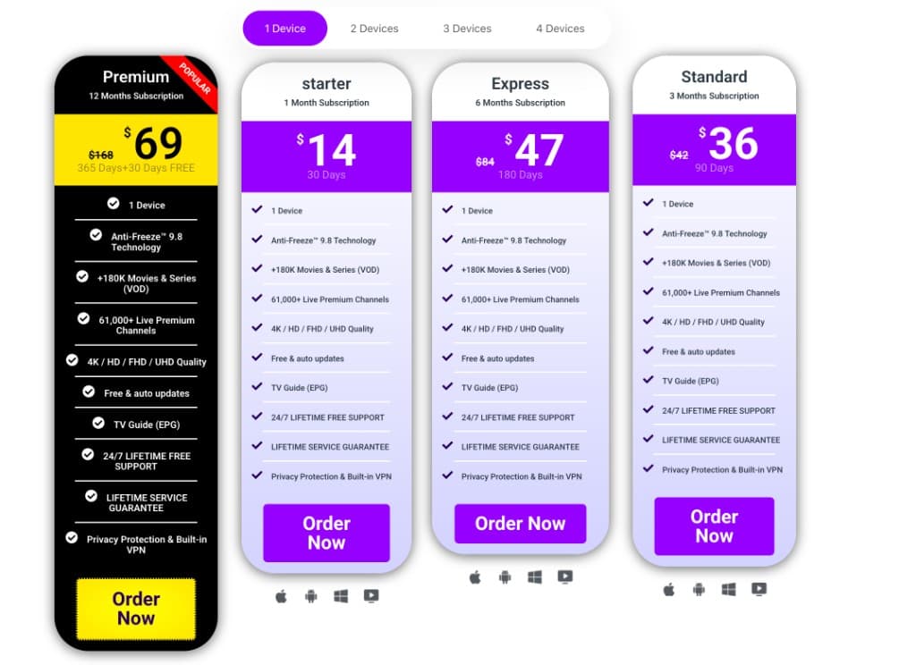Tarifs Smartiflix pour 1 appareil sur smartiflix.com : 14 $ pour 1 mois, 36 $ pour 3 mois, 47 $ pour 6 mois, 69 $ pour 12 mois — capture du 19 août 2026